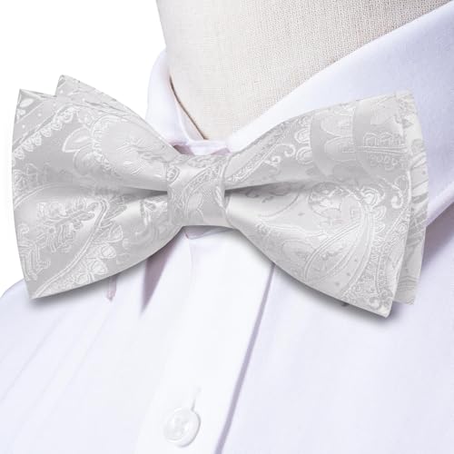 Image of Hi-Tie Bow Tie Men Pre Tied Bowtie Pocket Square Cufflinks Lapel Pin Formal Wedding Bow Ties for Men Party Tuxedo Bowtie Set,White Paisley Floral