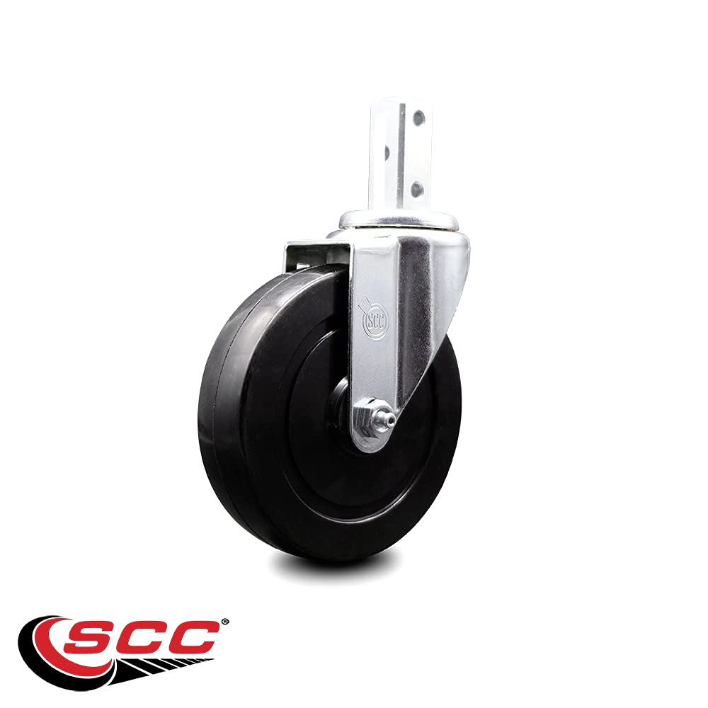 Swivel Square Stem Caster w/5” x 1.25” Black Hard Rubber Wheel – 3/4” x 2” Square Stem with (3) 17/64” Diameter Mounting Holes – 300 lbs. Capacity/Caster – Service Caster Brand