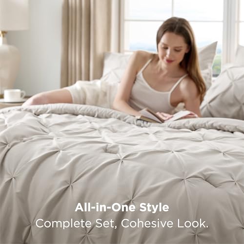 Image of Bedsure Queen Comforter Set Linen - Bed in a Bag Queen Size Bedding 7 Pieces, GentleSoft Pintuck Bed Set Gift for Family, All Season Down Alternative Comforter with Sheets, Pillowcases & Shams