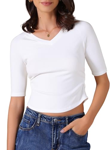 T-shirt d'automne col en V femme haut décontracté froncé coupe ajustée manches courtes 2025
