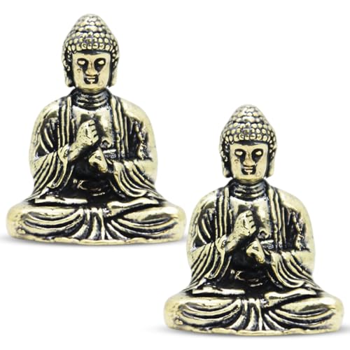 Mini estatua de Buda de latón, estatua de Buda sentado en miniatura, adornos de decoración de escritorio de oficina en casa, juguetes y regalos (2 piezas)
