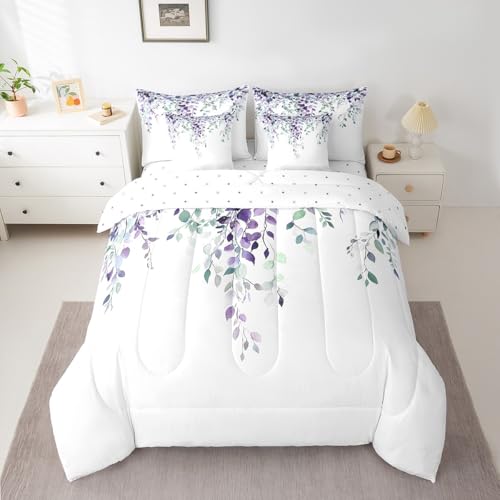 Erosebridal Eukalyptusbett in einer Tasche, Queen-Size-Bett-Set, 7-teilig, Aquarell-Pflanzenblätter, minimalistische Bettlaken für Teenager, Erwachsene, Frauen, natürlich, botanisch, rustikal