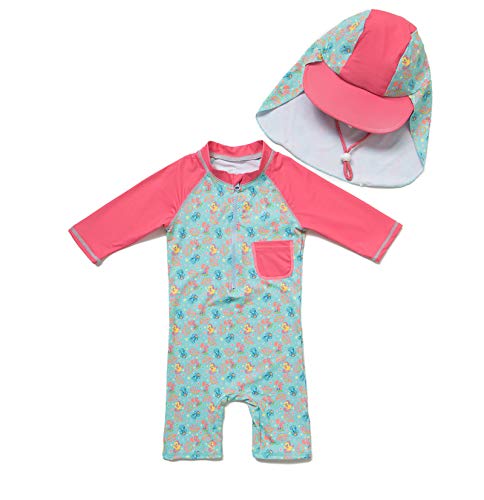 BONVERANO Kids UPF 50+ Sun Protection 3/4 Sleeve One Piece Zip Sun Suit with Sun Hat (12-18 Months, 2Pink)