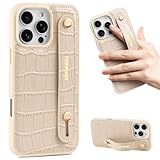 Hanman for iPhone 16 Pro Leather Case with Adjustable Wristband Strap Kickstand,Hand Strap Leather Case for iPhone 16 Pro,Crocodile Leather Wristband Kickstand Case for iPhone 16 Pro-Beige