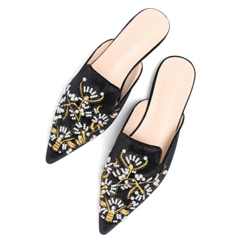 LUXINYU Women's Chinese Floral Embroidery Pointed-Toe Flats Comfortable Suede Casual Mules House Slippers Shoes