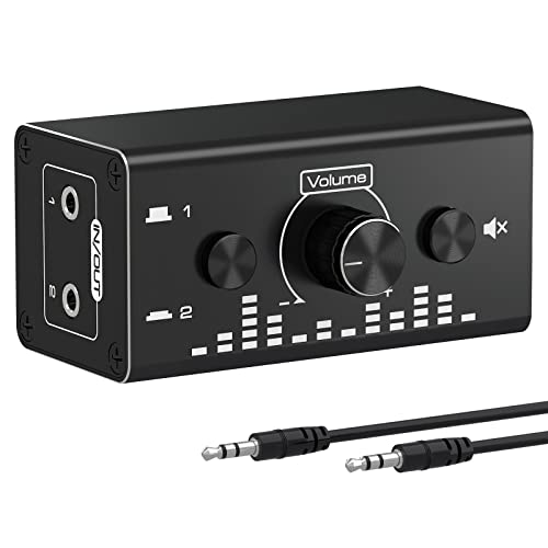VEDINDUST 3.5mm Jack Audio Switch Conmutador de Audio 2 Entradas 1 Salida/1 Entradas 2 Salida Selector de Audio con Control de Volumen para Altavoces Fono Auriculares PC
