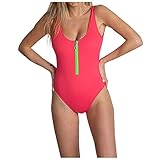 Sonojie Damen Einteiliger Bikini, Einfarbiger Badeanzug mit Reißverschluss Vorne Reißverschluss,Swimmsuit Bademode V-Ausschnitt Einteiler Schwimmanzug Bikini Push Up Bademode Badeanzug