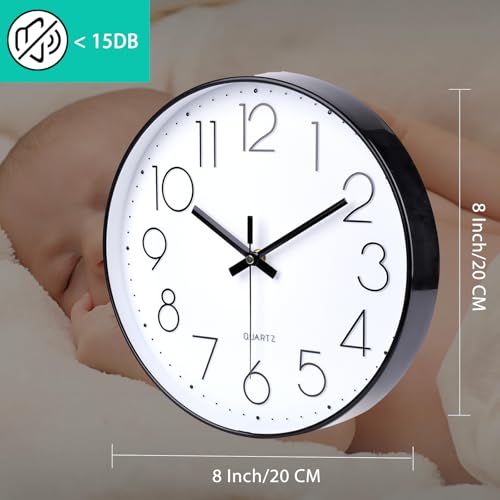 jomparis 20cm Modern Quartz Lautlos Wanduhr Schleichende Sekunde ohne Ticken Analoge Wanduhr Dekor für Wohnzimmer, Kinderzimmer,Küche,Büro (Schwarz)
