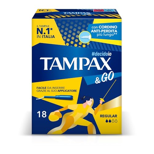 Tampax & Go Regular, 18 Assorbenti Interni con Applicatore in Plastica, Presa Antiscivolo e Doppio Cordino Protettivo, Ginecologicamente Testati, ideali per Flusso Medio