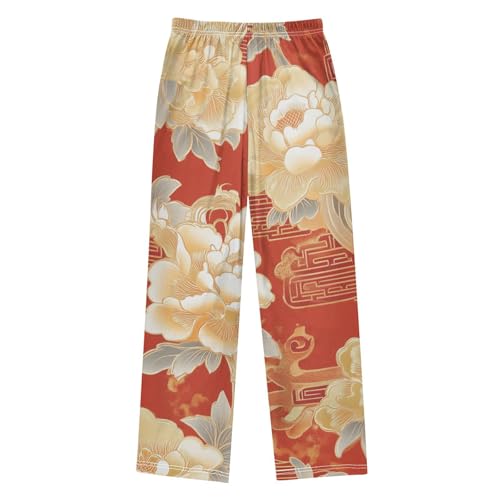 Golden Peony Flower Boys Long Pants Soft Trousers Elastic Waist Kids Lounge Bottoms with Pockets S-XL2