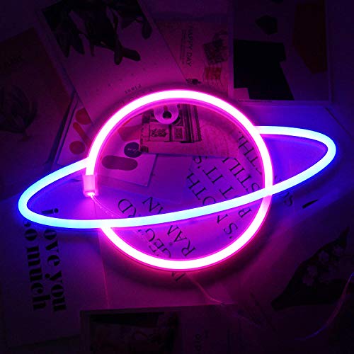 NiniTe LIGHTS Planet Neon Light, Cute Neon Planet Sign, Battery or USB Powered Night Light as Wall Decor for Kids Room, Bedroom, Festival, Party (Pink and Blue)
