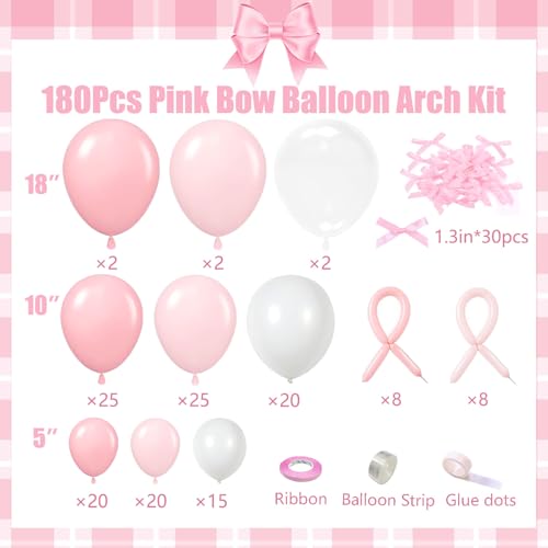 Image of Pink Bow Balloons Garland Arch Kit,180Pcs Pink and White Balloons with Clear Balloon Wrap Bows for Wedding Bachelorette Baby Shower Coquette Birthday Party Decorations