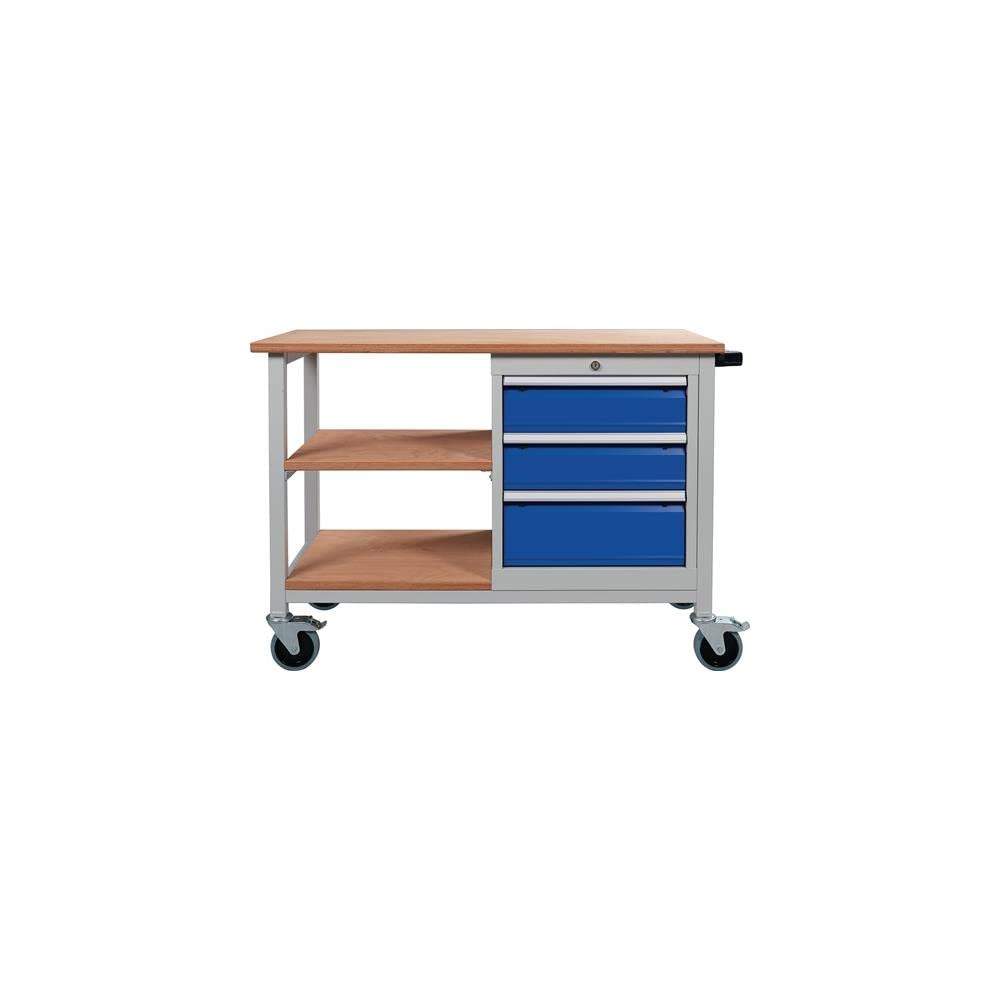 Banco da lavoro in legno di faggio, larghezza 1200 x profondità 540 x altezza 880 mm, Multiplex grigio chiaro/blu segnaletico, 4 cassetti