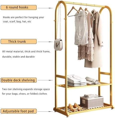 Heavy-duty metal wardrobe rack featuring a sleek design and bottom shelves for versatile organization.