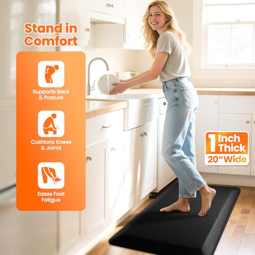 Image of Kitchen Mats for Floor, 1 Inch Extra-Thick Kitchen Rugs, Non-Slip & Waterproof Standing Desk Mat, Comfort Anti Fatigue Mats for Kitchen Floor, Home, Sink, Office (20 inch X 32 inch, Black)