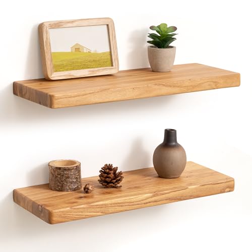 Fun Memories 18 Inch Floating Shelves for Wall, Solid Elm Wood Wall Shelf for Home Decor, Rustic Wooden Bathroom Shelves Set of 2, Heavy-Duty Hardwood Floating Shelf for Bedroom, Kitchen, Living Room