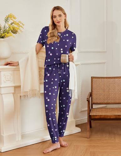 Image of Ekouaer Pajamas for Women Set 2 Pack Lounge Set Short Sleeve Pjs Joggers Long Pants Loungepwear with Pockets