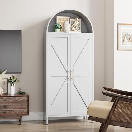 GangMei Kitchen Pantry Cabinet, 73in Tall Arched Storage Cabinet with Doors and Shelves, White Freestanding Cupboard for Laundry, Dining Room, Living Room, Bathroom
