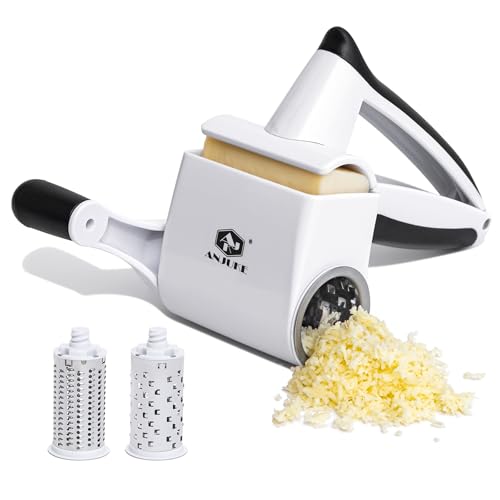 ANJUKE Parmesanreibe, Classic Käsereibe mit Kurbel, 2-in-1 Rotierende Rotary Käsereibe mit 2 Edelstahltrommel für müheloses Reiben von Hartkäse, Schokolade, Nüssen und vielem mehr. Spülmaschinenfest