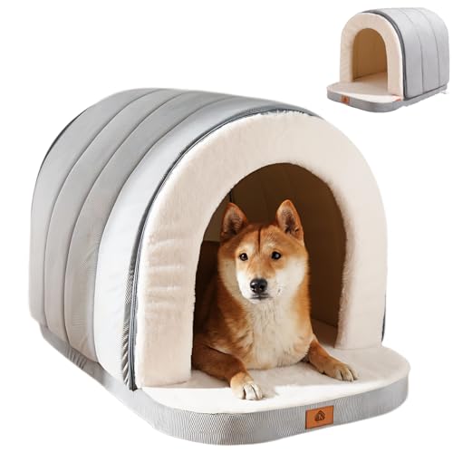 ERNAN Lit pour Chat Lit pour Chien,liable 2 en 1 Niche pour Animaux Domestiques,Cachette Fermée avec Fond Anti-Dérapant pour Chats et Chiens (Grey, M)