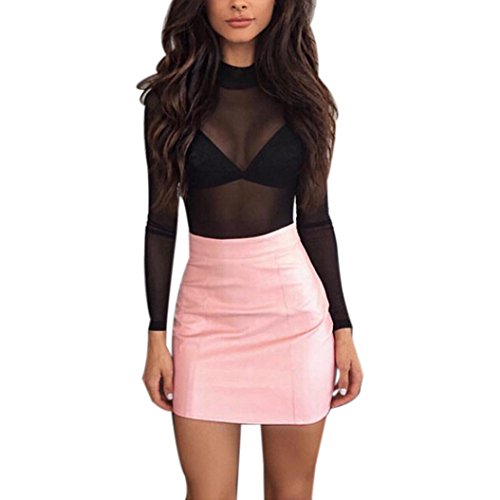 Howstar Short Skirt, Women's Bandge Leather High Waist Pencil Skirt Bodycon Hip Mini Skirt (M, Pink)