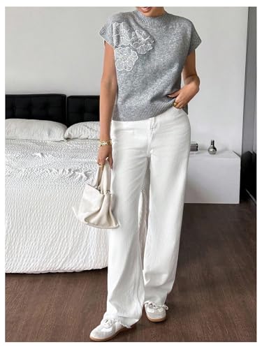 Image of SOLY HUX Women's Short Sleeve Sweater 3D Floral Sweaters Pullover Tank Tops Knit Vest Trendy Fashion Clothing Grey White Floral X-Small