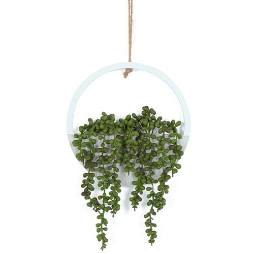 Hobyhoon Hanging Plant Artificial Succulents Fake String of Pearls Plants 12.2'' in Wooden Pot for Indoor Outdoor Wall Decor (1PCS)