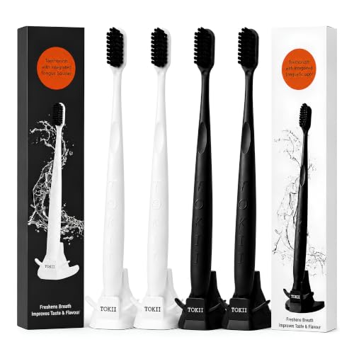 Image of TOKII Tongue Scraper & Tongue Cleaner for Adults, 2-in-1 Toothbrush with Sliding Tongue Scraper, Charcoal Ultra Soft Bristles, Ayurvedic-Inspired, Includes Travel Toothbrush, Stand & Waterproof Pouch