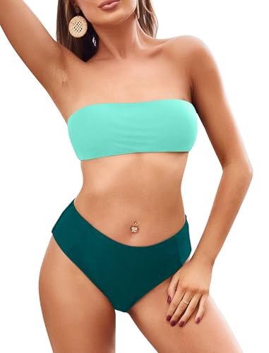 Image of ZAFUL Women's High Cut Bandeau Bikini Set Strapless Solid Color 2 Pieces Bathing Suit Swimsuit