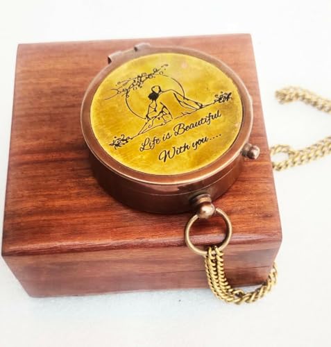 Brújula Vintage Personalizada Bronce con Caja de Madera, Frase 'La Vida es Bella', Regalo Romántico Grabado miniatura 2