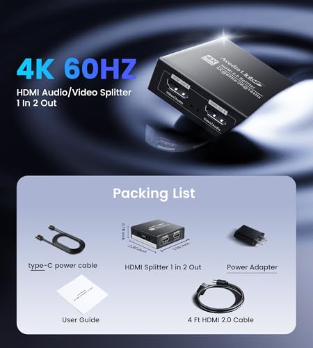 Image of 4K@60Hz HDMI Splitter 1 in 2 Out w / 4ft HDMI Cable, HDMI Audio Splitter for Soundbar, Support Dolby Vision /Atmos 7.1ch, Downscaler 4K /1080P Sync, 1080P@120Hz, 2K@144Hz, Work for Firestick, PS5, Roku