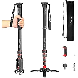 Monopie Con Patas Manbily Monopié Extensible de Aluminio con Patas, Portátil de Viaje y Base de Trípode Desmontable para DSLR Cámara Canon Sony Nikon con Clip de Móvil, 5 Secciones 170cm, Carga Máxima de 7KG (A-222)