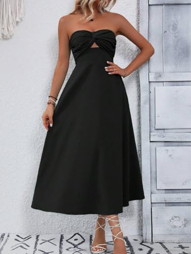 Image of SKAYS Womens Strapless Twist Knot Midi Dress Cutout A-line Tube Summer Cocktail Party Dress with Back Smock