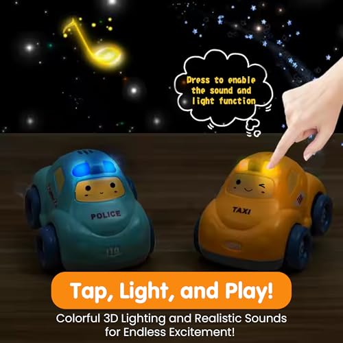 Image of Kidology Push & Go Baby Car Toy Set, Friction Powered Pull Back Cars for Toddlers, 4-Pack with 3D Lights & Sounds, Fun Cartoon Trucks for Boys & Girls, Baby Toys 1+ Year Old