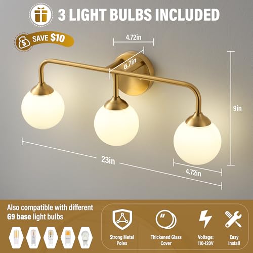 Image of Bathroom Light Fixtures - 3 Light Brushed Brass Vanity Light Over Mirror for Bathroom Mirror Living Room Bedroom, Gold Bathroom Wall Sconce with Frosted Glass Shade, 3 G9 Bulbs Included