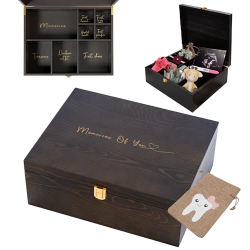 Image of Wooden Baby Keepsake Box with Tooth Fairy Tooth Holder Bag- Newborn Keepsake Box with Sturdy Lock-Timeless Baby Keepsake Storage Box-Memory Box for Keepsakes Baby-Baby Boy Keepsake Box (Pink)