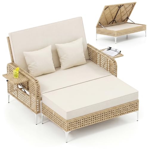 COSTWAY Garden Rattan Daybed Patio Double Chaise Lounger Sun Bed with 4-Level Adjustable Back Storage Ottoman Cushions Pillows and Side Trays Outdoor Wicker Conversation Loveseat Sofa (Off-White)