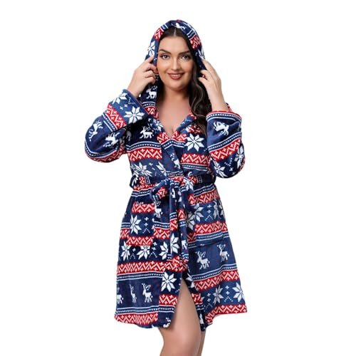 Albornoz de baño para mujer de felpa esponjosa y cómoda, invierno con capucha y cinturón, vestido de dormitorio femenino cálido con estampado de Navidad Faon, vestido de pijama de gran tamaño, ropa de
