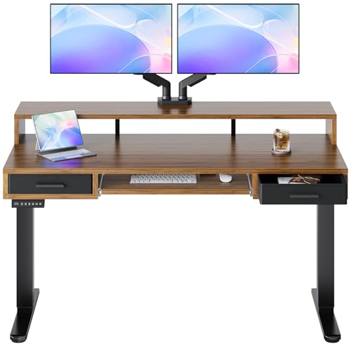 Image of HUANUO 55″ x 26″ Electric Standing Desk with 2 Drawers &24.4″ Large Keyboard Tray, C-Clamp Mount Compatible, Adjustable Computer Desk for Office, Sit Stand Up Desk with 4 Height Presets, Deep Walnut