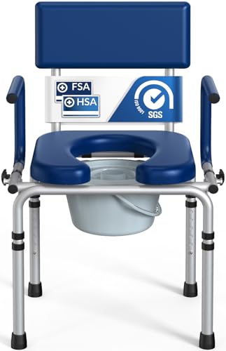 HolyHeal Drop Arm Bedside Commode, Commode Toilet with Padded Seat and Backrest, 300lbs Capacity, 6.3QT Removable Bucket and Splash Guard, Adjustable Height Portable Toilet for Adults, Blue