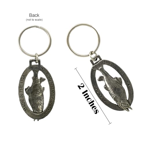 Alaska Sockeye Salmon Keychain, A604KC, 2”, Pewter, Metal, Souvenir, 100% Handmade in The USA, Alaskan Fishing Keychain, Key Chain, Key Ring, Key Fob, Gift, 20+ Alaskan Designs Available2