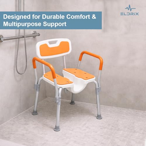 Image of Eldrix Commode Chair for Toilet Adult | Hygiene Cut-Out Shower Toilet Chair for Adults /Senior Citizen | Lightweight & Tool-Free Assembly (Orange)