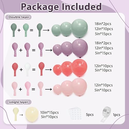 Image of Dusty Green Purple Pink Balloons Arch Kit, Double Stuffed Pastel Balloon Garland with Lavender Lilac Yellow Green Red Latex Balloons for Birthday Baby Shower Wedding Anniversary Decorations.
