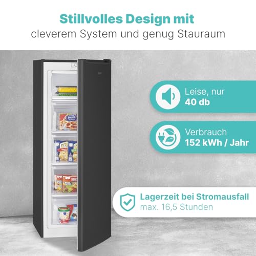 Bomann® Gefrierschrank 143cm I 4 Sterne-Gefrierfach I Temperaturbereich: ≤ -18°C I Tiefkühlschrank leise 40dB I wechselbarer Türanschlag I Gefrierschrank gross I 168L Freezer I GS 7364 schwarz-inox