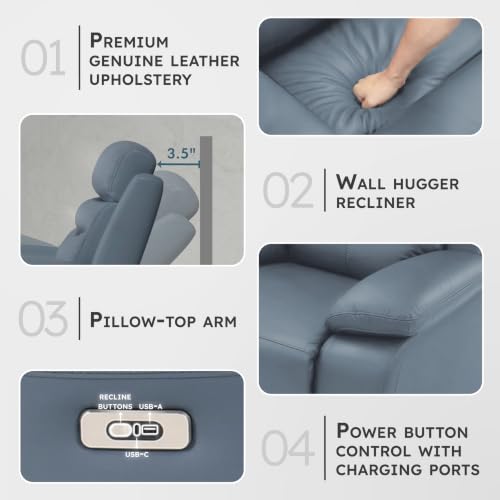 Image of Lexicon Leather Match Power Recliner Loveseat, Wall Hugger Recliner, Blue | 64 inchW Power Double Reclining Loveseat, USB Charging Port, Pillow Top Arms, Home Theater Seating, for Living Room /Apartment