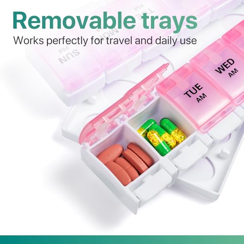 Image of Sukuos AM PM Weekly Pill Organizer 7 Day, 2 Times A Day Medicine Pill Box with Easy Push Button, BPA Free Vitamin Cases for Fish Oil /Supplements, Easy to Clean (Purple&Pink)