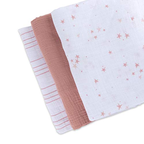 Image of Ely's & Co. Muslin Swaddle Blanket 3-Pack for Baby Girl - 100% Cotton Muslin Extra-Large Swaddle Blankets (47 inch x 47 inch) - (Mauve Pink Stars │ Solid Dusty Rose │ Dusty Rose Stripes)