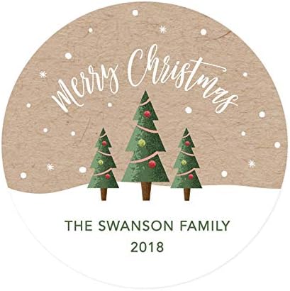 Andaz Press Personalized Christmas Round Circle Gift Sticker Labels, Christmas Trees on Kraft Brown, Merry Christmas 40-Pack, Custom Name Year, ...