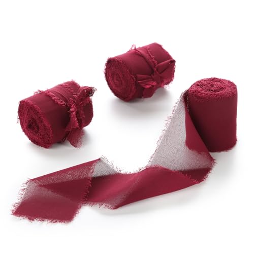 Burgundy Chiffon Ribbon 3 Rolls 1.5 inch X 5 Yard Handmade Frayed Edges Chiffon Ribbon Set for Gift Wrapping, Christmas Decor, Wedding Decor, Bridal Bouquets, and DIY Crafts