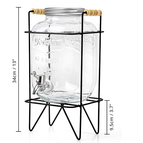 Image of 1 Pc 5 LTR Glass Water Beverage Dispenser with Stand - Air Tight Lid Glass Pitcher for Detox Water - Mason Jar - Counter Table Top Juice Water Beer Dispenser for Home Restaurant Party